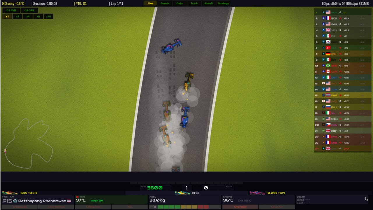 The Undercut Racing Manager live race view with 1990s open-wheel cars on a 2D circuit